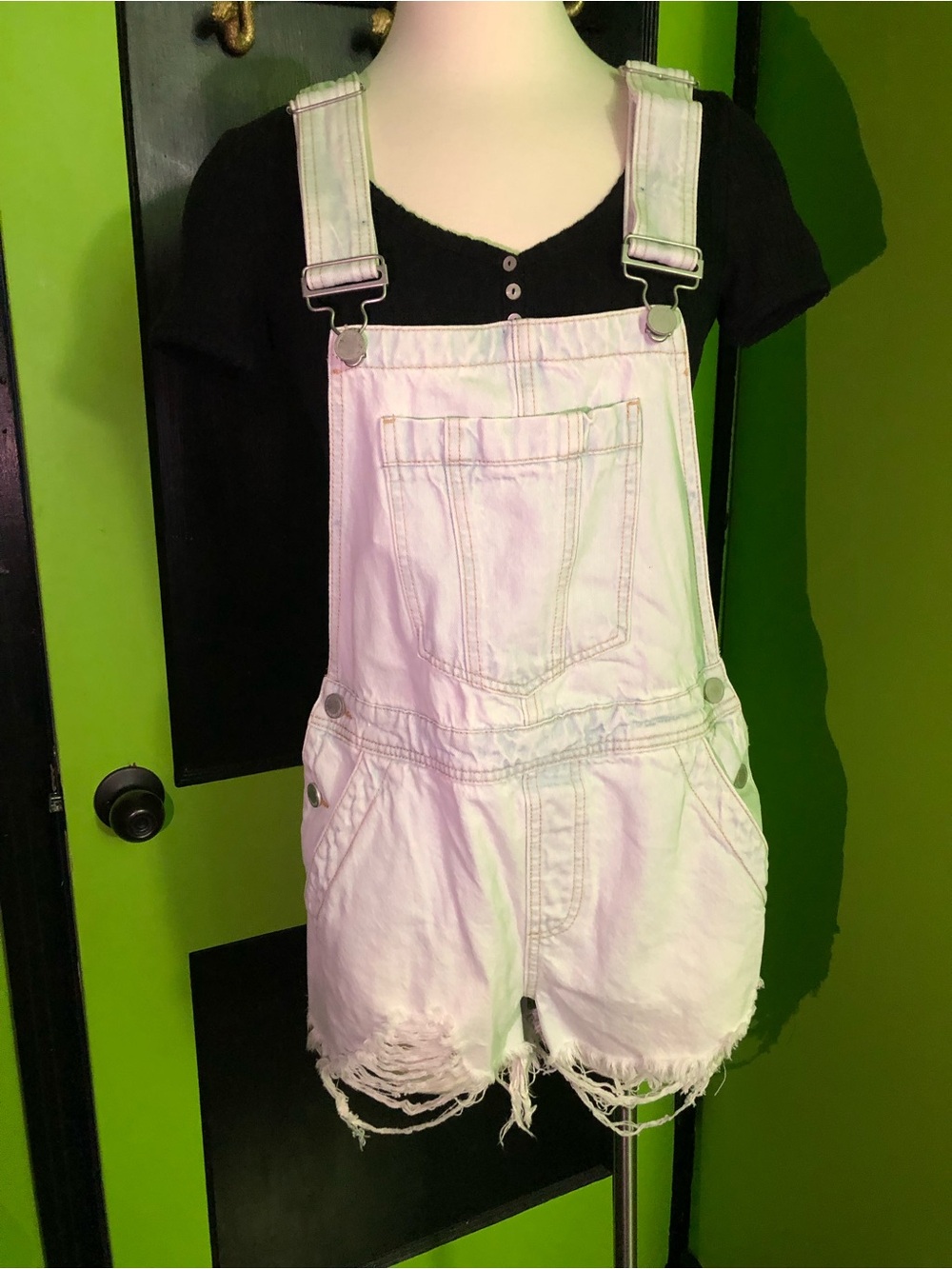 White Distressed Denim Short Overalls